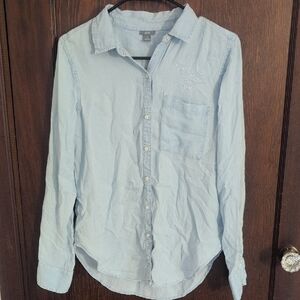Aerie Light Wash Denim Lightweight Button Down Long Sleeve Shirt Size Small